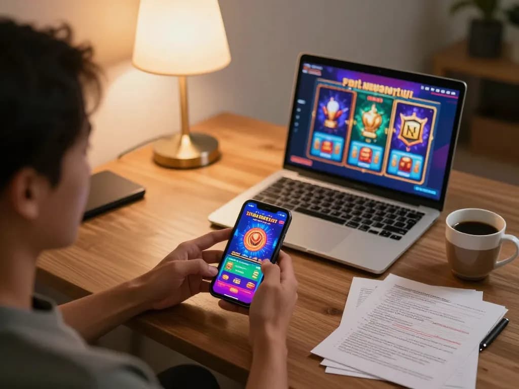 Sitting at home, player enjoys situs slot gacor on smartphone, surrounded by strategic notes and gaming setup.