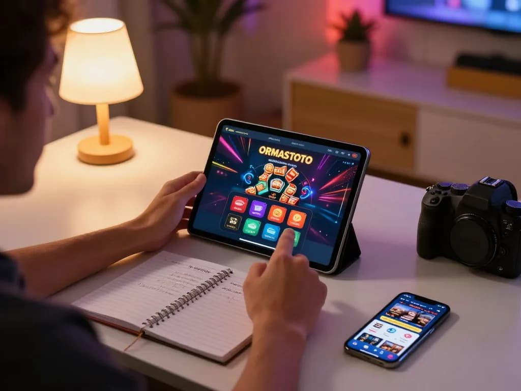 Person interacting with ORMASTOTO casino app on tablet while strategizing in a cozy home