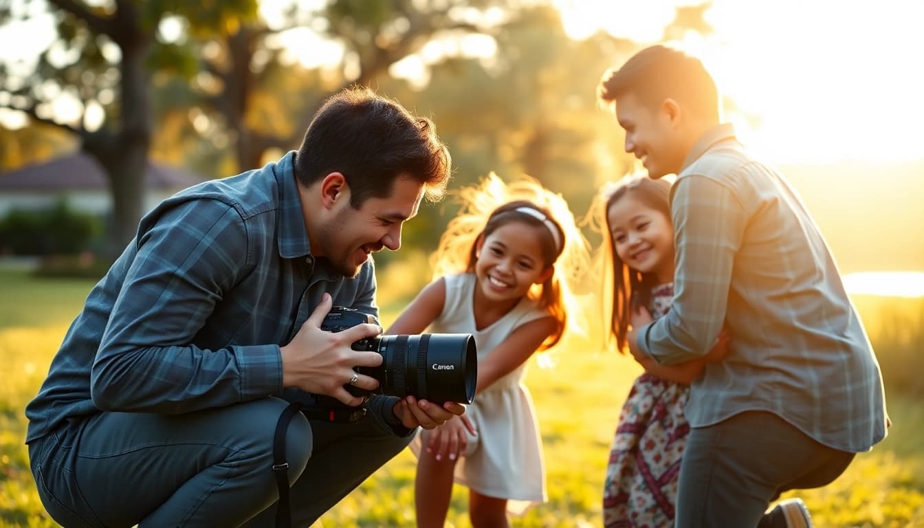 Tampa photographers capturing joyful family moments during a golden hour photo session.