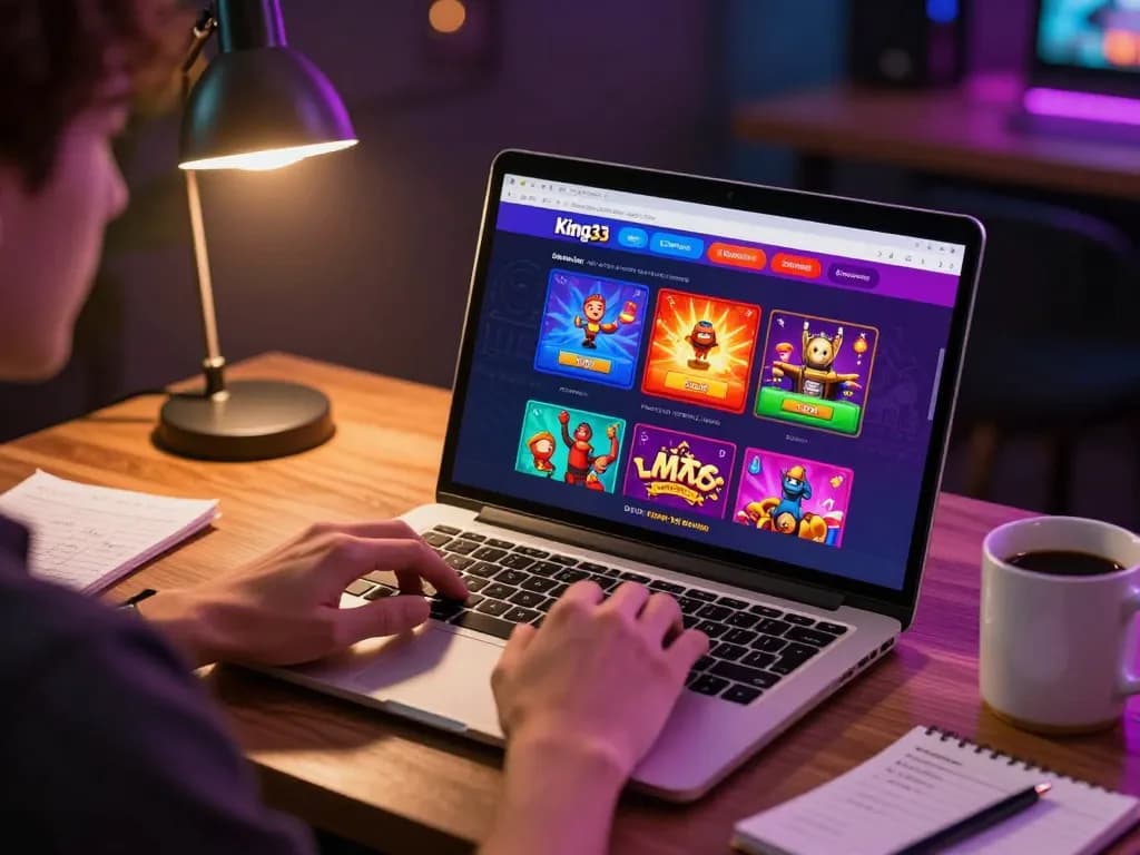 Engaging online gaming session at king33 with laptop displaying exciting casino games and personal strategy notes.