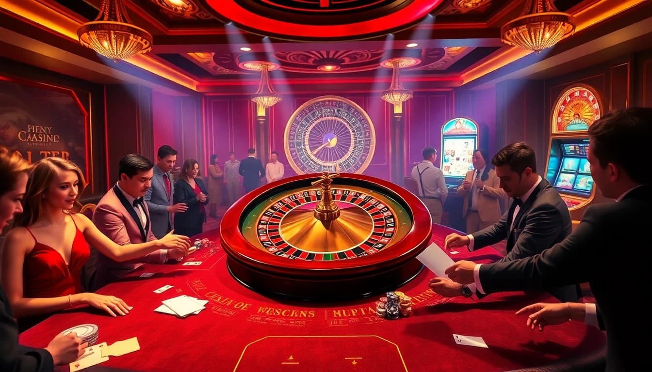 Experience the thrill of betting on hb88 com with luxurious casino tables and a captivating roulette wheel.