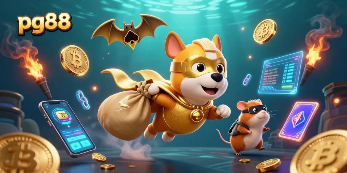 Engage with pg88 as a superhero dog and sidekick collect gold coins amidst vibrant casino elements.