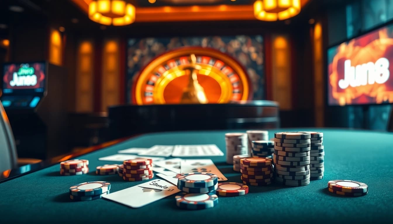 Experience thrilling gaming at Jun88 with poker and slot machines in a luxurious casino atmosphere.
