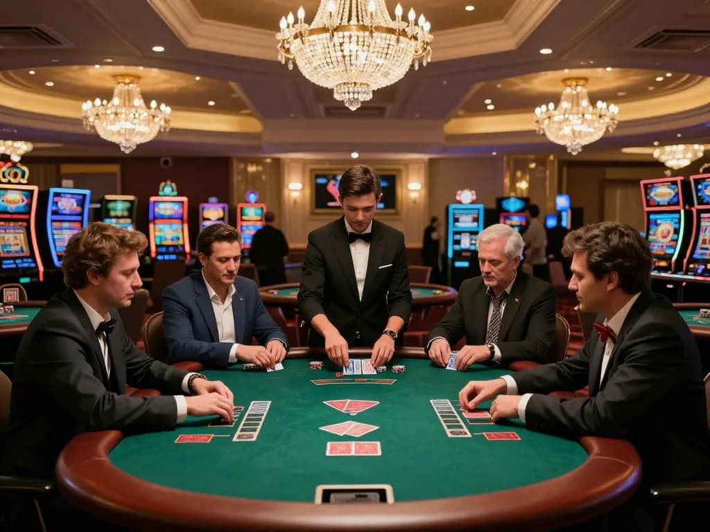 Players engaging in a high-stakes vipwin poker game in a luxurious casino environment, showcasing strategy and excitement.