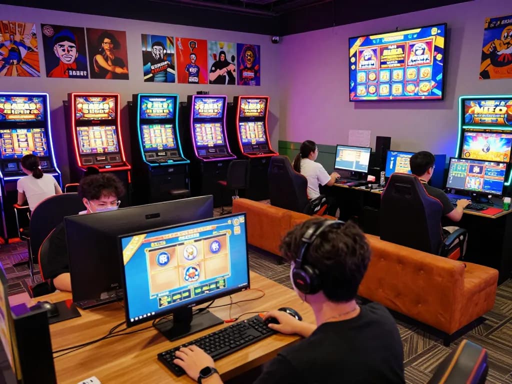 Lounge permainan menarik yang menampilkan pemain menikmati permainan slot link gacor dengan grafik yang penuh warna dan lingkungan yang nyaman.