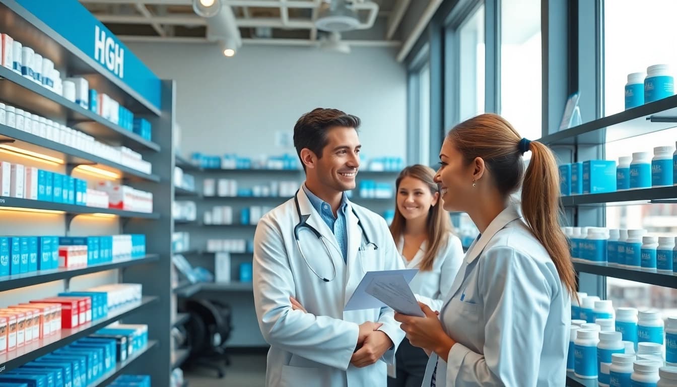 Explore HGH FOR SALE with a friendly pharmacist in a well-stocked pharmacy.