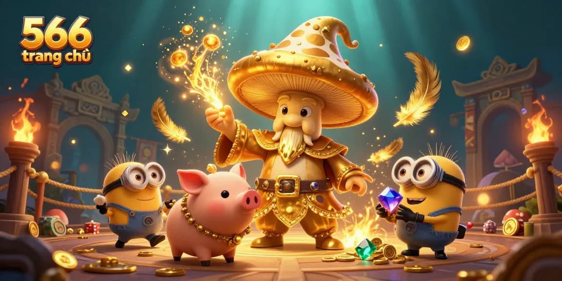 Engage in the excitement at 566 trang chủ, where the golden mushroom wizard sparks magical wins in an entertaining casino scene.