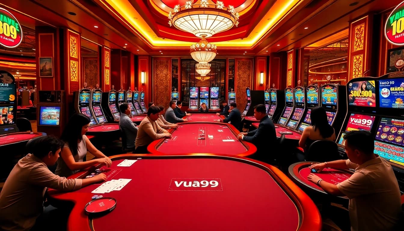 Players enjoying vibrant games at Vua99's online casino, featuring poker and slot machines.