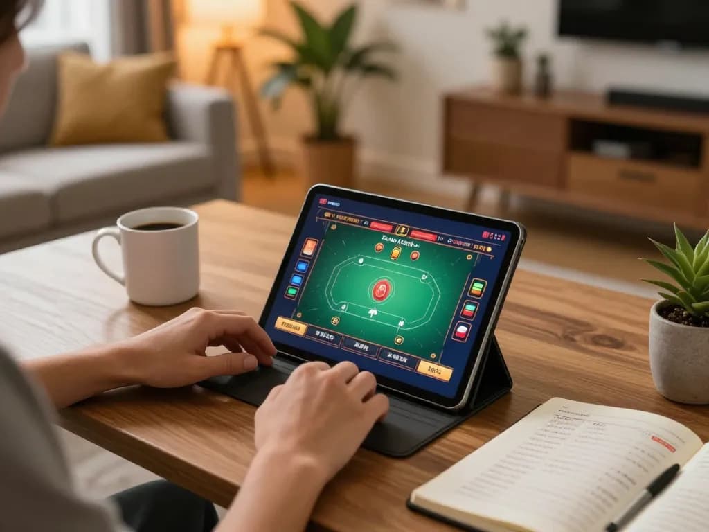 Person enjoying online gambling with ATQ on tablet, showcasing strategic gameplay in a cozy home setting