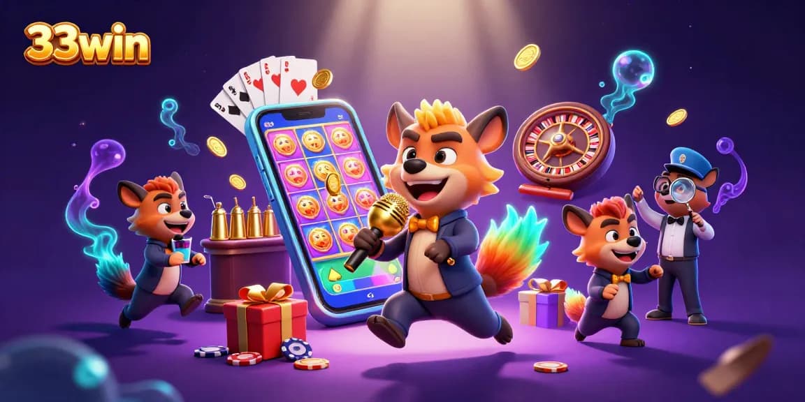 33win hyenas entertain in a vibrant casino scene featuring comedy and gaming elements.