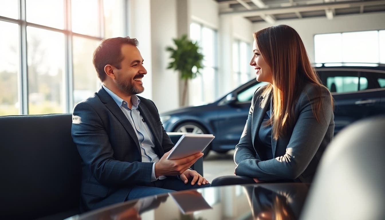 A knowledgeable professional explaining an auto protection plan to a client in a modern office.