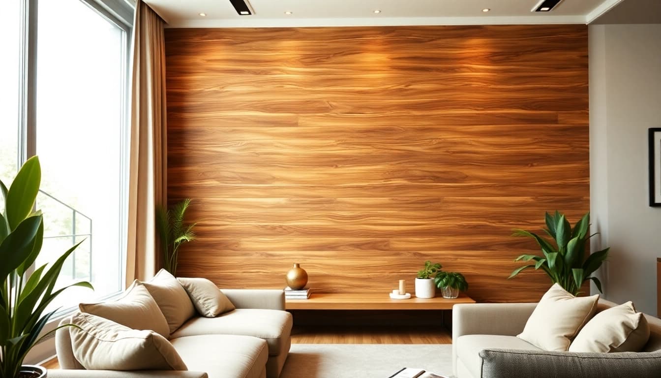 Admire the elegant wood wall adorned with natural textures in a modern setting.