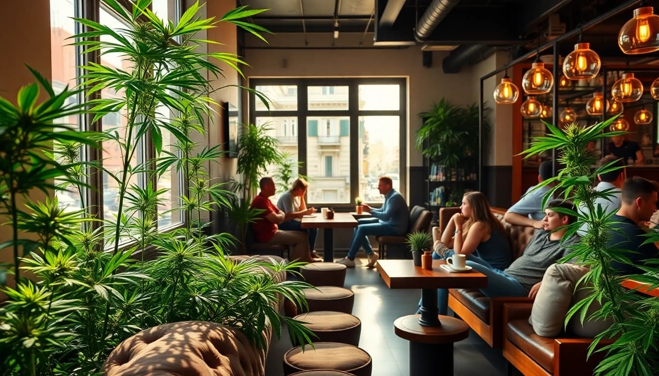 Experience the vibrant atmosphere at the Weed Club Madrid, featuring cozy seating and lush cannabis plants.