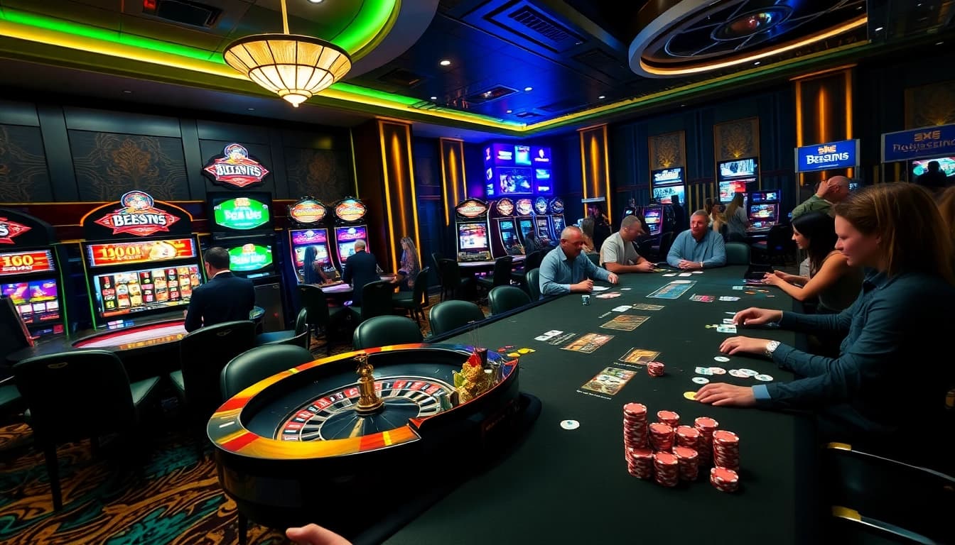 Bet88 players enjoy a thrilling casino experience with roulette, poker, and vibrant slot machines.