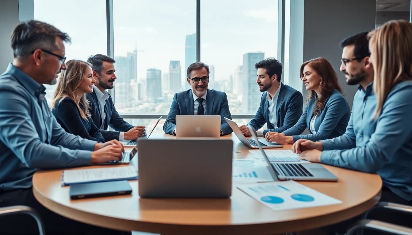 AI consulting company in UK team collaborating on innovative business strategies in a modern office.