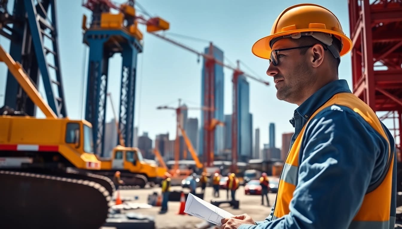 Manhattan Construction Manager directing a construction site with cranes and workers, ensuring project efficiency.