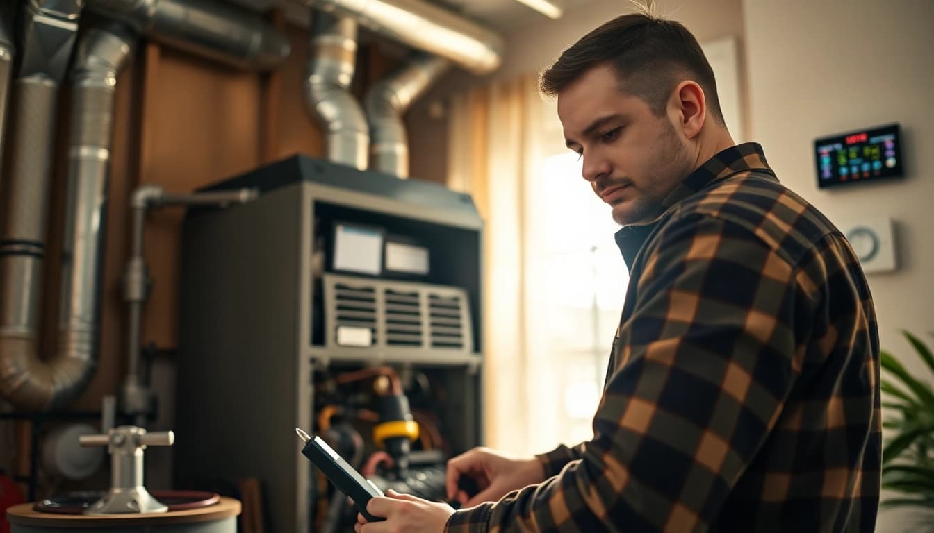 Heating repair bedford ny technician assessing a home's furnace for maintenance.