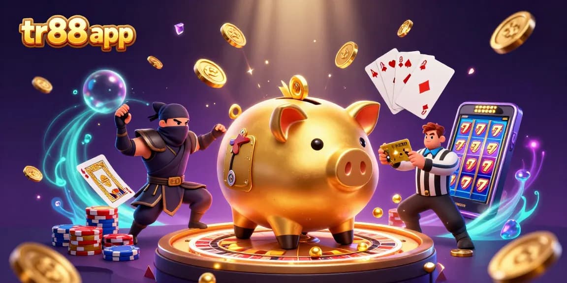 Engage with the tr88 app in this colorful 3D casino scene showcasing gaming excitement and character interactions.