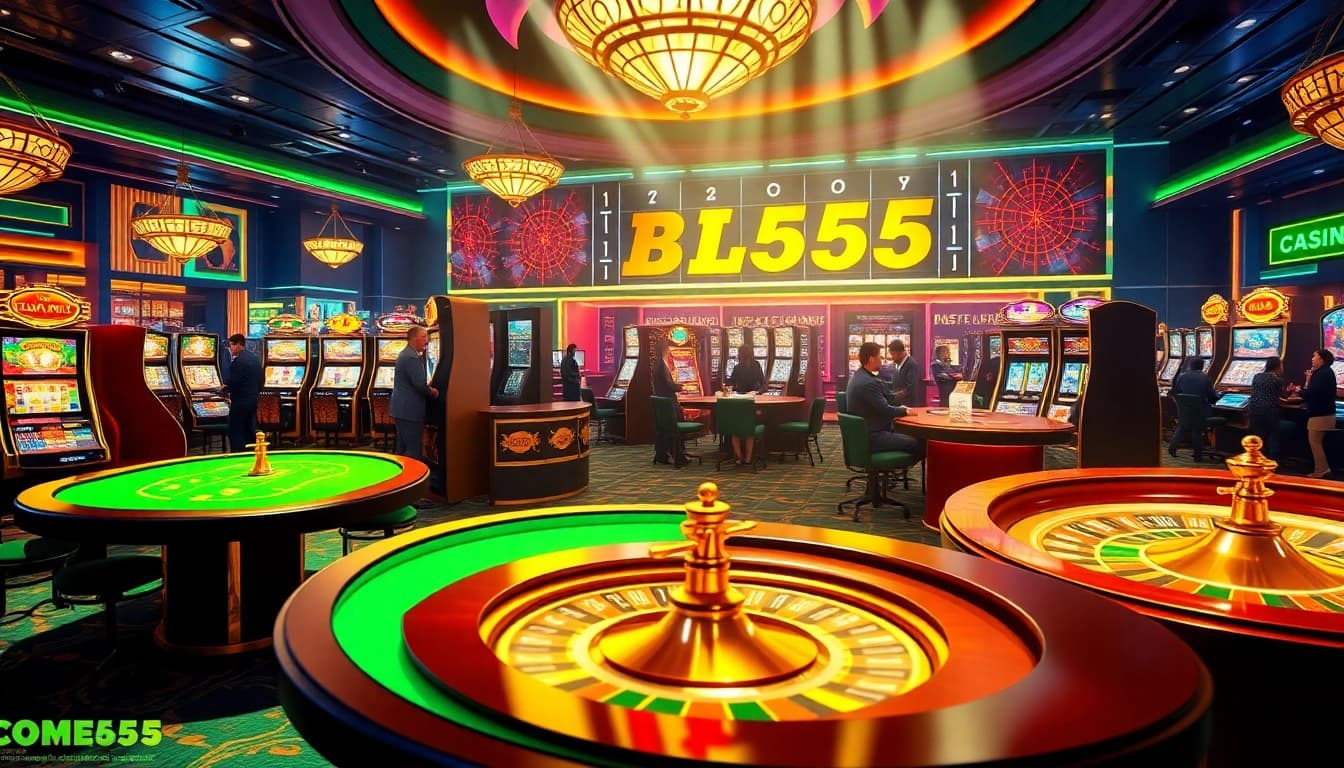 BL555 casino gaming interface showcasing vibrant slot machines and poker tables.