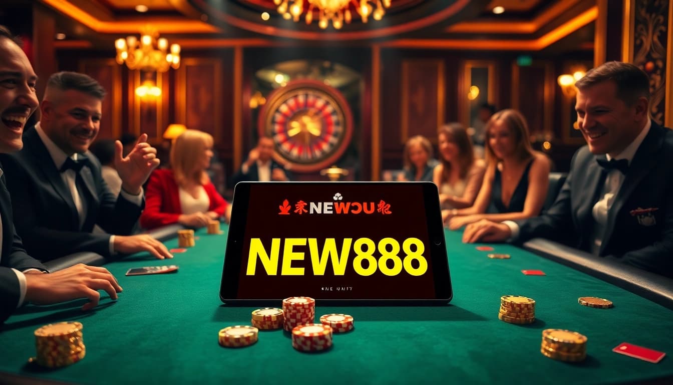 Experience the thrill of winning with NEW88 at a luxurious poker table, complete with vibrant casino elements.