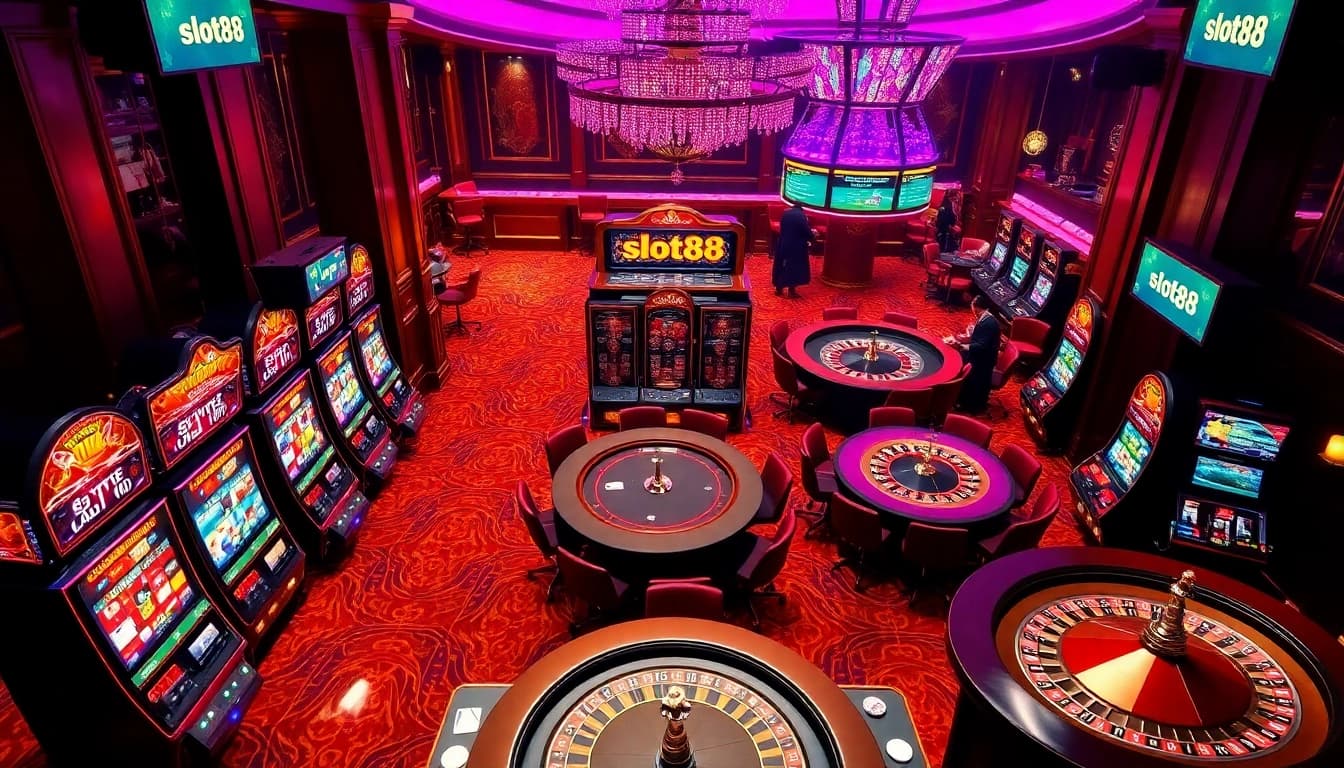 Exciting gameplay at slot88 with illuminated slot machines and engaged players in a vibrant casino setting.