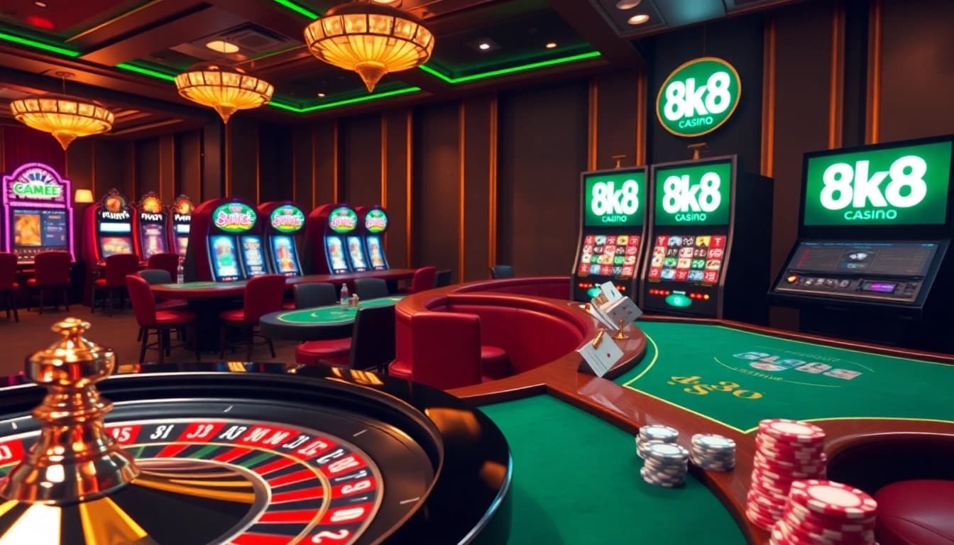 Experience the thrill of 8k8 with vibrant gaming visuals showcasing casino tables, slots, and poker chips.