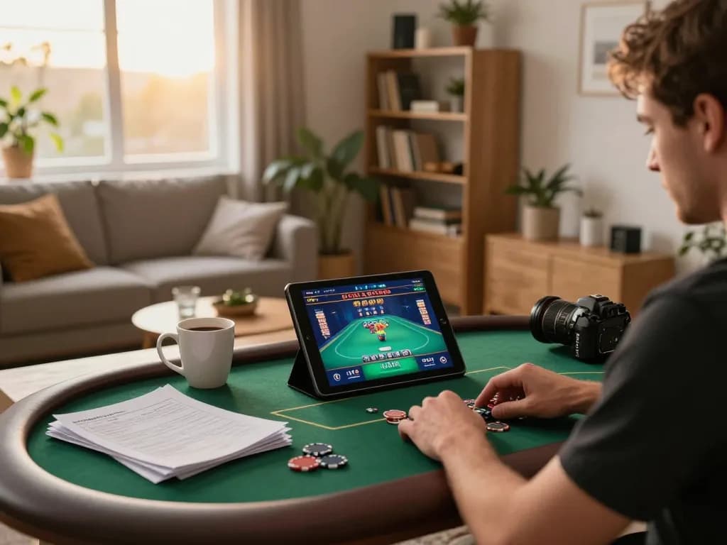 Player exploring king33 online poker game at home with tablet and strategy notes