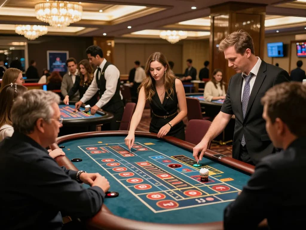 3Win players placing bets at roulette table in vibrant casino atmosphere, celebrating thrilling gameplay with warm lighting.