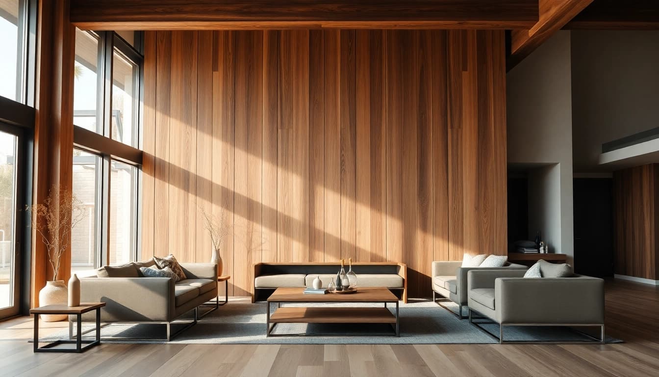 Elevate your space with a stunning wood wall showcasing warm textures and modern furnishings.