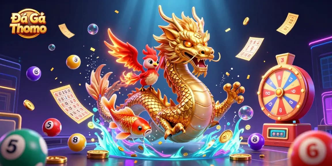 Engage in Đá Gà Thomo action, featuring a fierce golden dragon and a lucky koi fish amidst a vibrant casino atmosphere.
