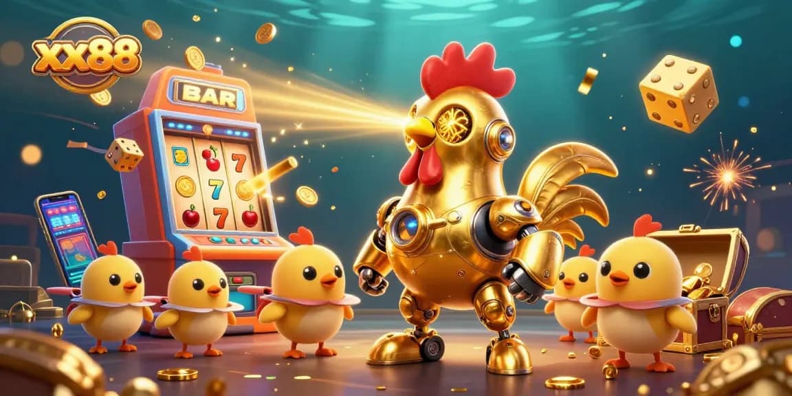 Experience excitement with xx88's intense gaming scene featuring vibrant slot machines and golden treasures.