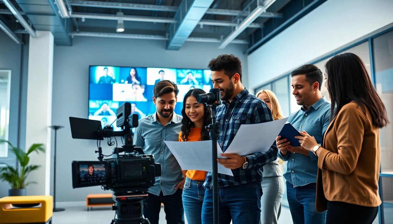 Create a compelling corporate video production by showcasing a dynamic team in action during a video shoot.