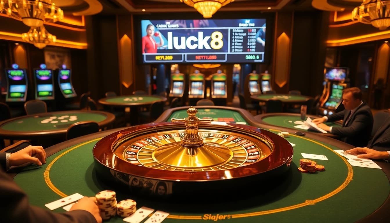 Players enjoying the thrill of luck8 at a luxurious casino with roulette and poker tables.