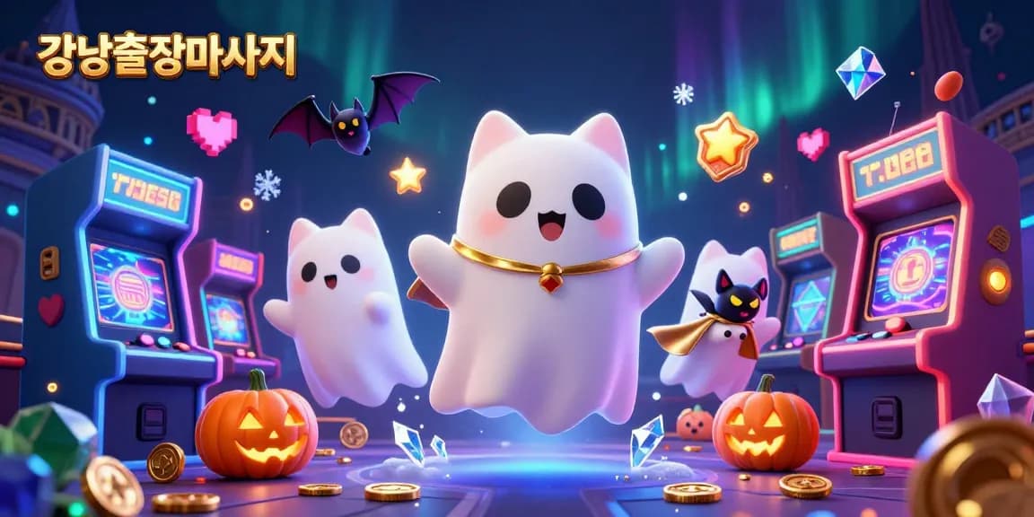 Engage with 강남출장마사지 in a lively casino setting, adorned with glowing game elements and festive icons.