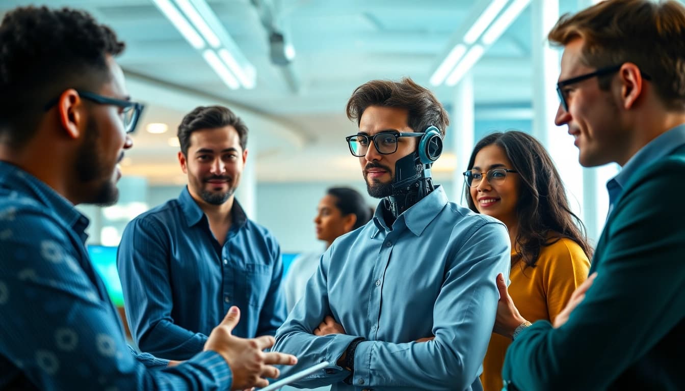 AI Employee collaborating with a diverse team in a modern office environment.