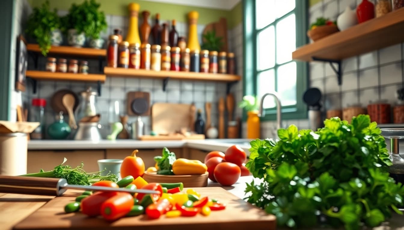 Dishfacts showcases a vibrant culinary scene with fresh ingredients and elegant cooking tools.