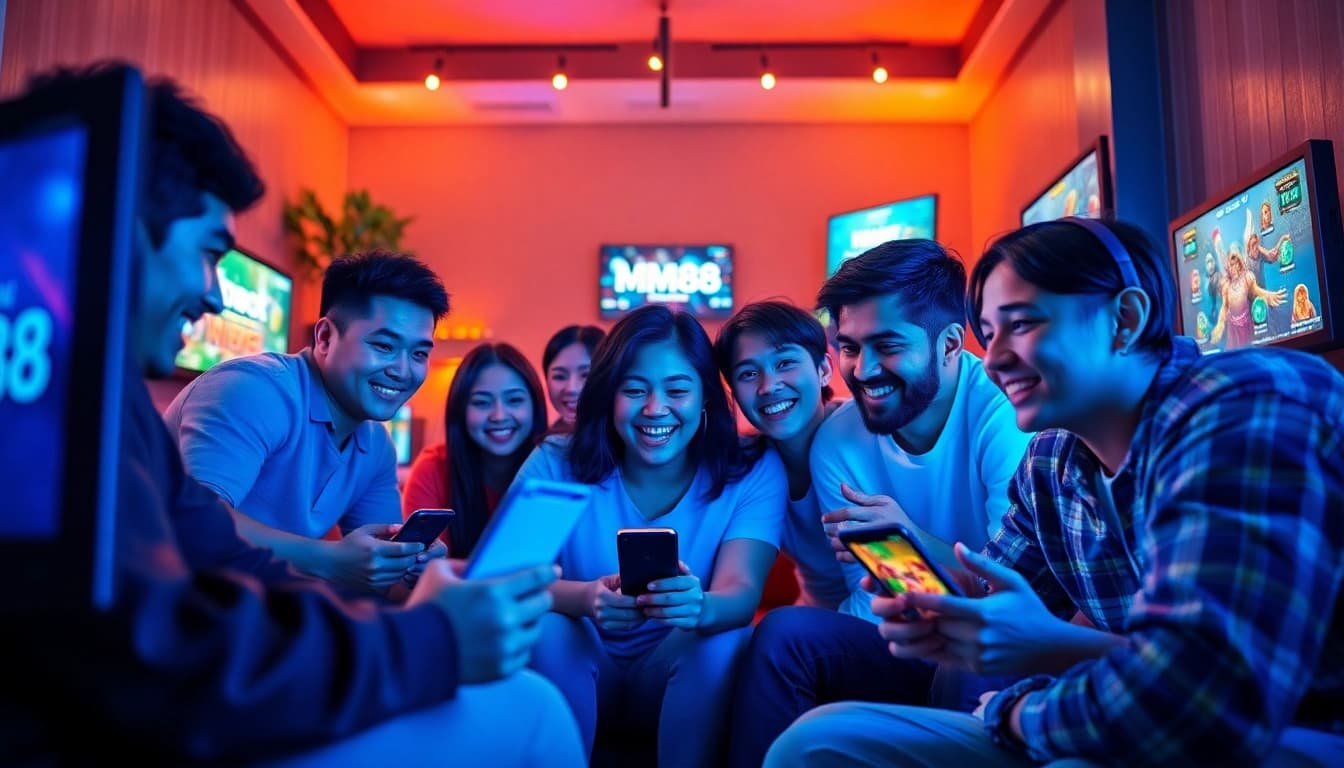 MM88 online gaming experience with diverse players enjoying different games on desktop and mobile devices in a cozy setting.