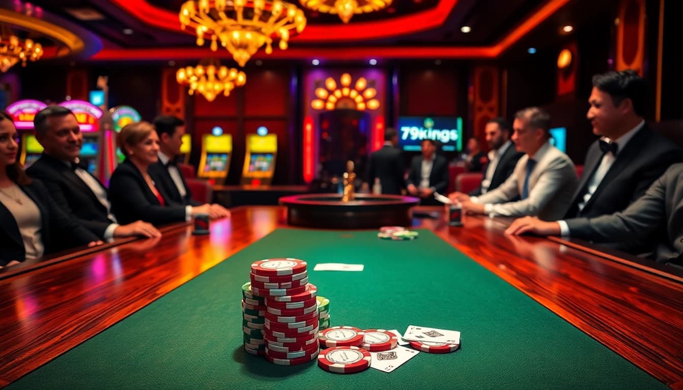 Experience thrilling gameplay at 79king5 with vibrant casino scenes featuring poker tables and slots.