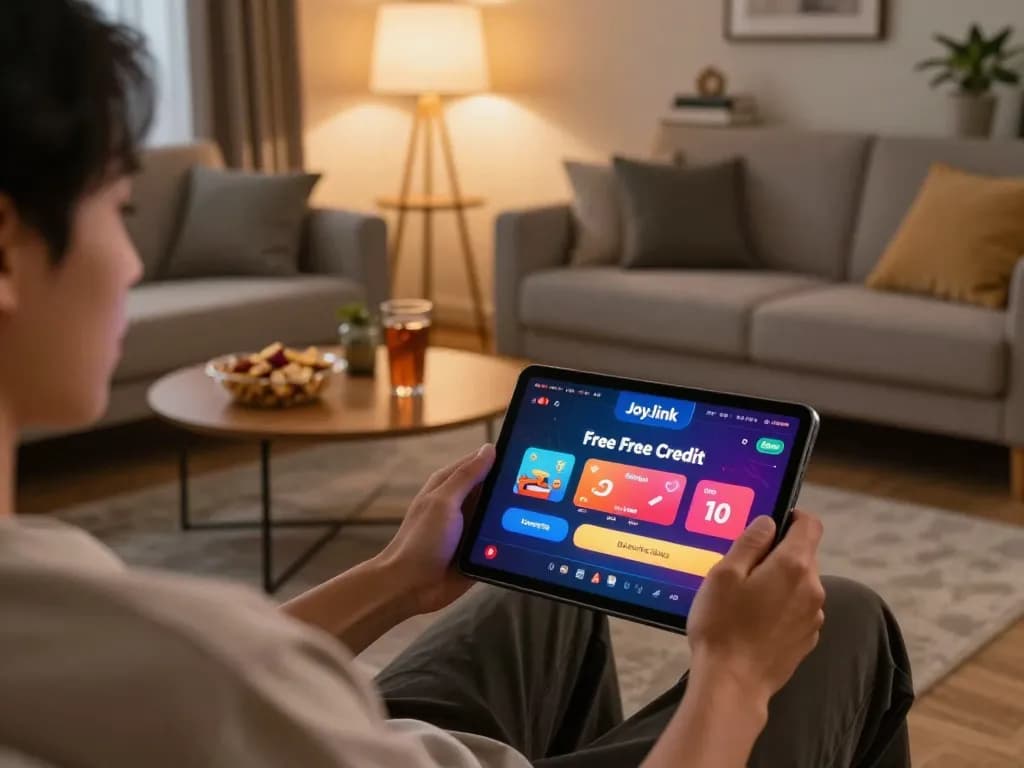 Engaging with Joy.link free credit on tablet while relaxing at home, showcasing a comfortable gaming setup.