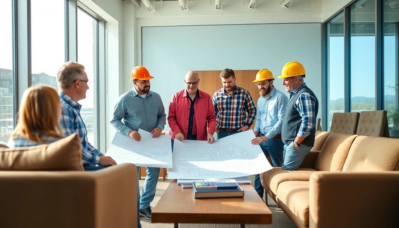 Builders collaborating in a meeting room, representing the Texas association of builders with plans.