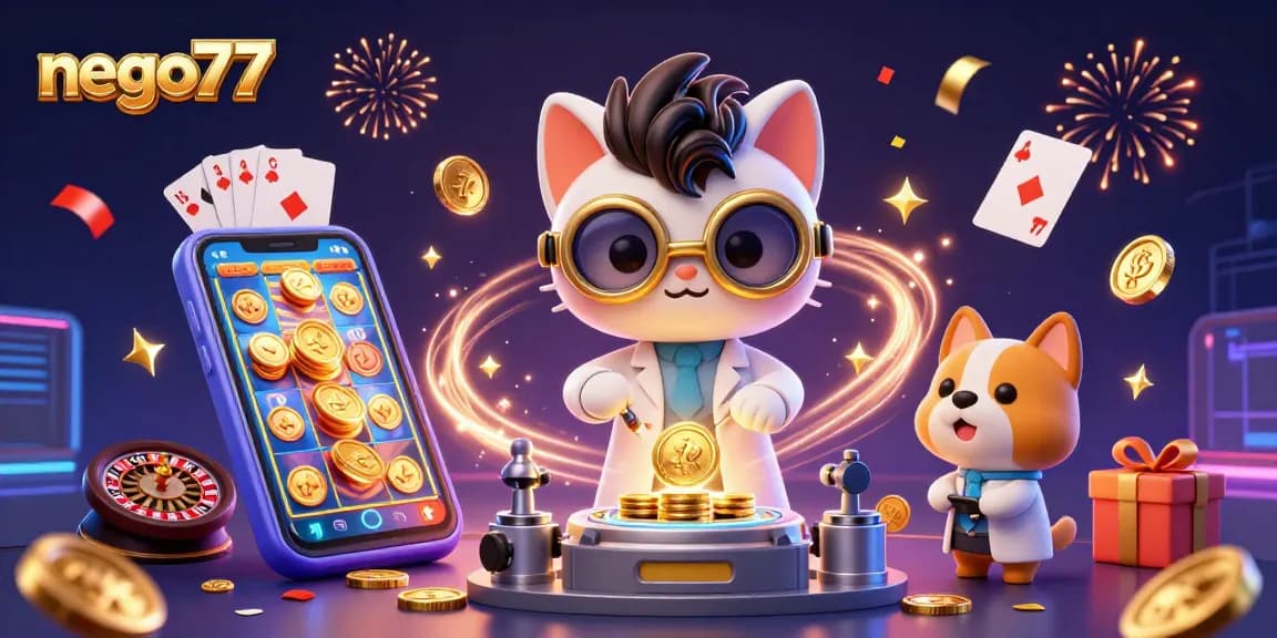 Nego77 spins big wins with a lively casino-themed scene featuring vibrant gaming elements and playful characters.
