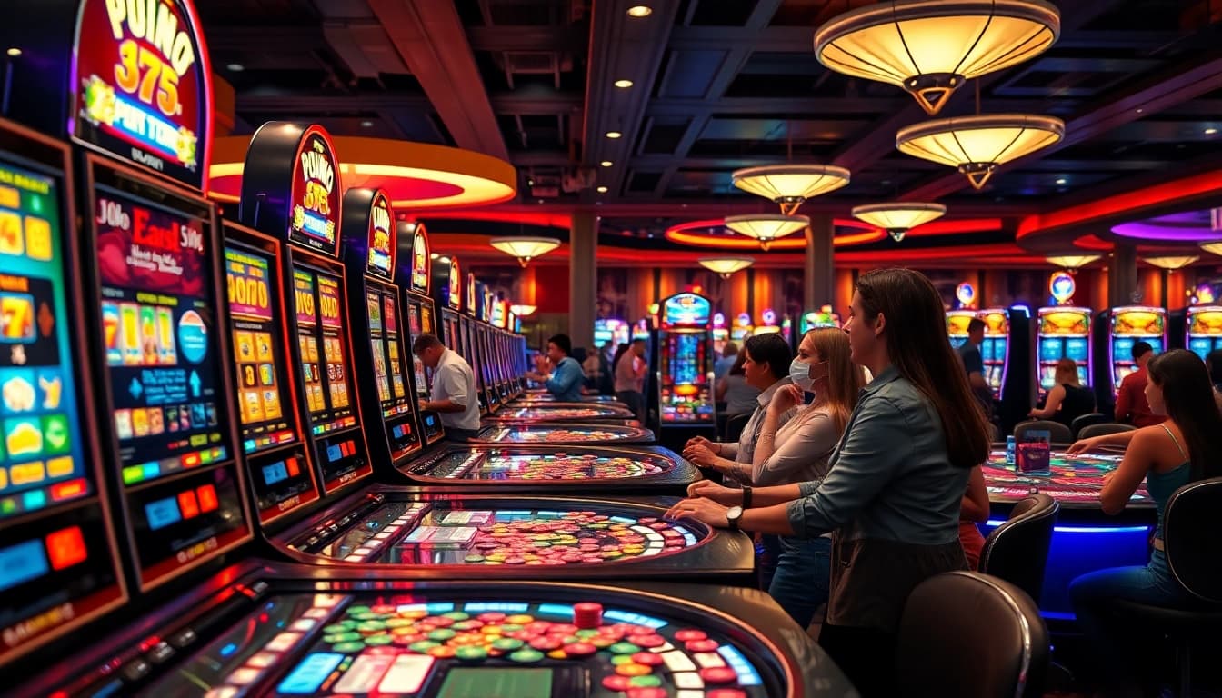 Main focus on slot resmi machines in a lively casino, drawing players with vibrant colors and engaging atmosphere.