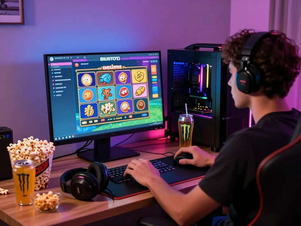 Engaged gamer enjoying the BIUSTOTO online slot game experience in a vibrant gaming setup.