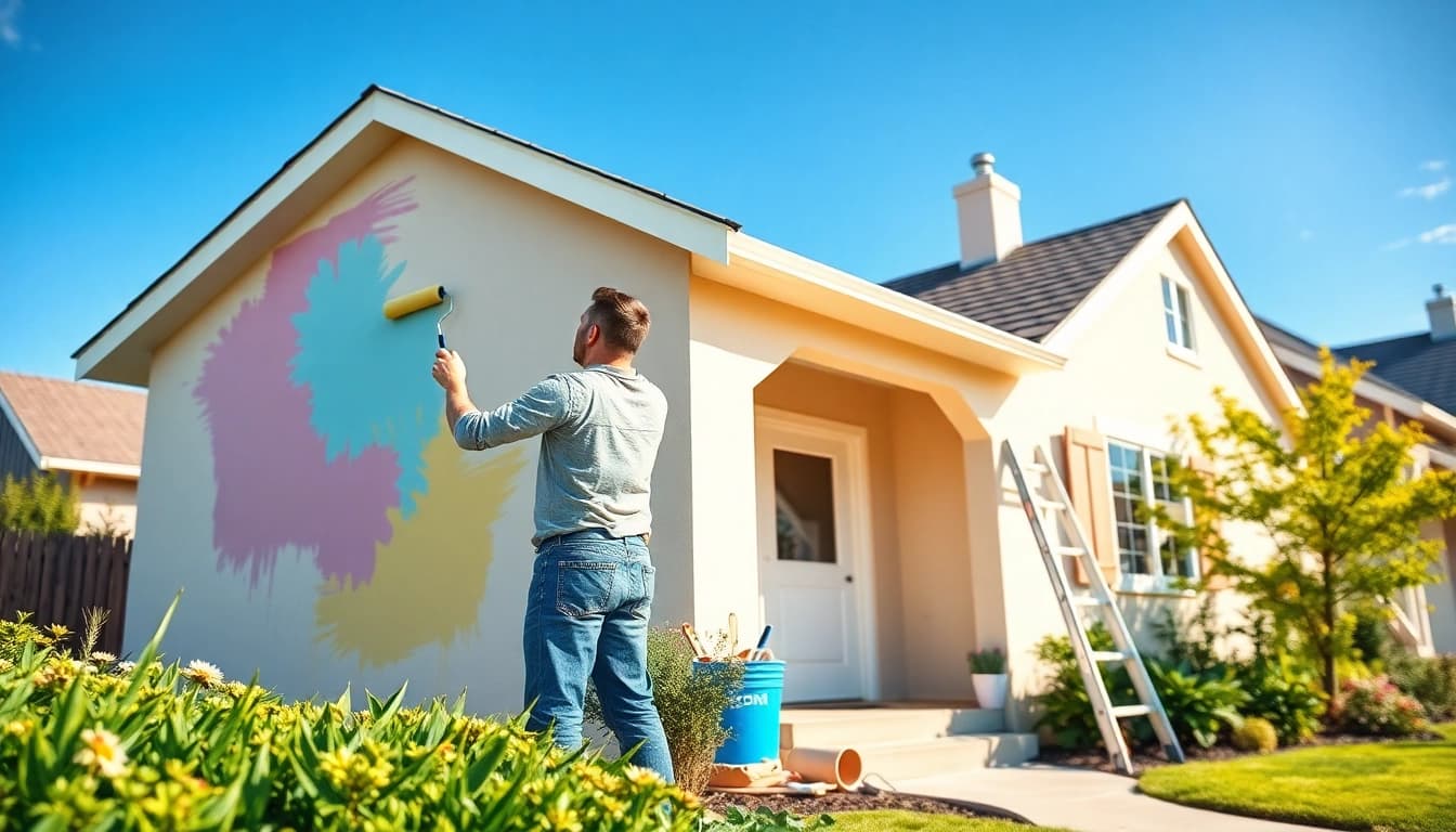 Professional painters showcasing quality work while painting a vibrant suburban home for Painting Companies.