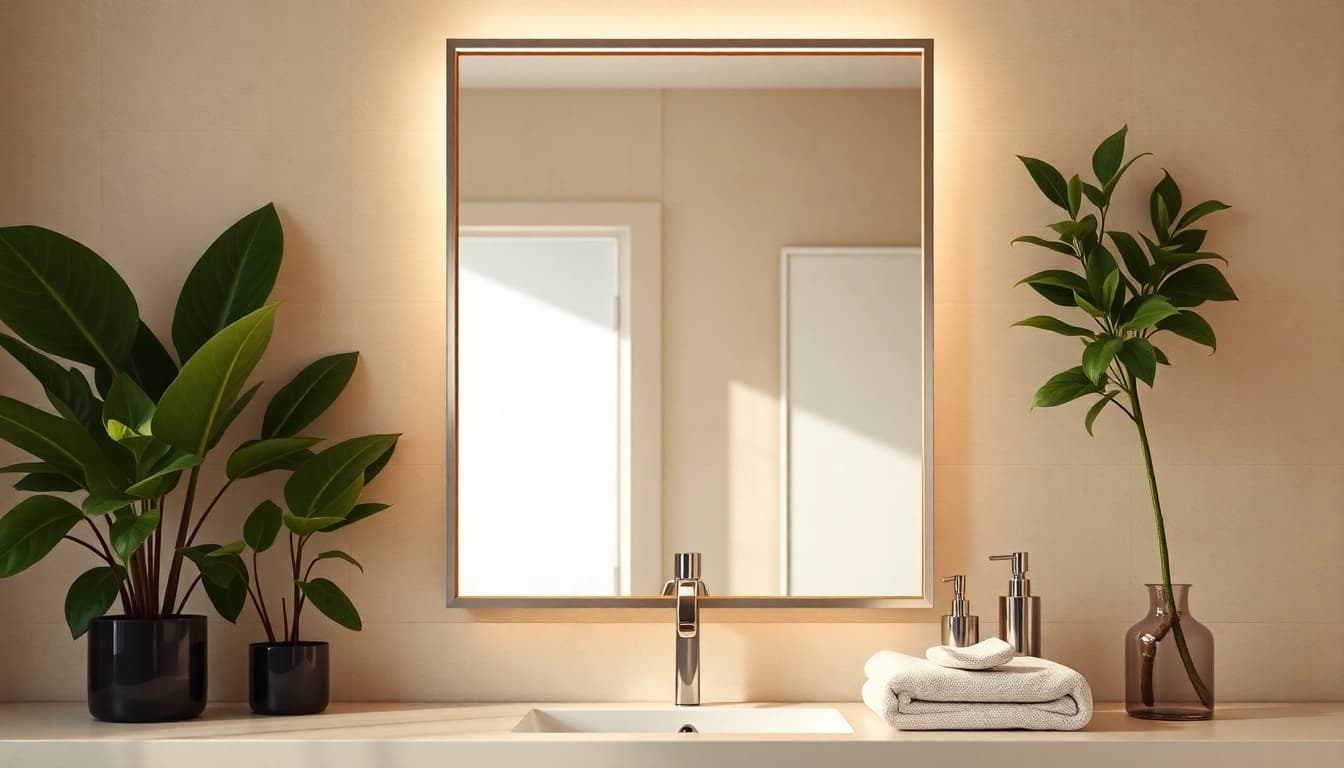 Enhancing elegance, this bathroom mirror with LED light illuminates modern surroundings.