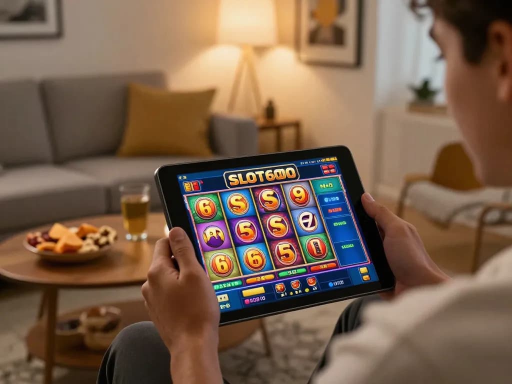 SLOT6000 player engaging with colorful online slot game on tablet in cozy living room setting.