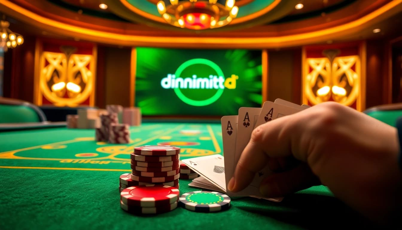 Experience the thrill of dinamit4d at an exciting casino table with vibrant poker chips and cards.
