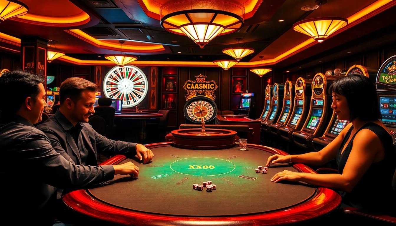 Experience the thrill of XX88 casino with players strategizing at a vibrant poker table surrounded by roulette and slot machines.