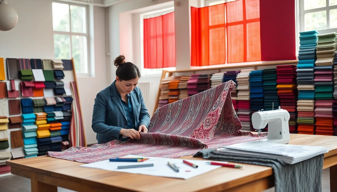 Punta di Roma-stofsample in een modeatelier met creatieve ontwerpen en kleuren.