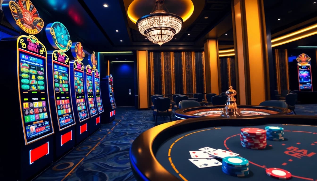 Experience thrilling gameplay at BLACKOWL88 with vibrant slot machines and a luxurious casino ambiance.